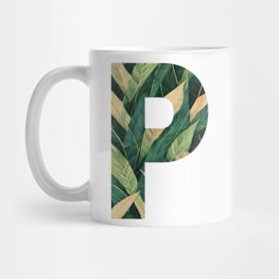 A pattern of vintage tropical leaves filling the letter p Mug